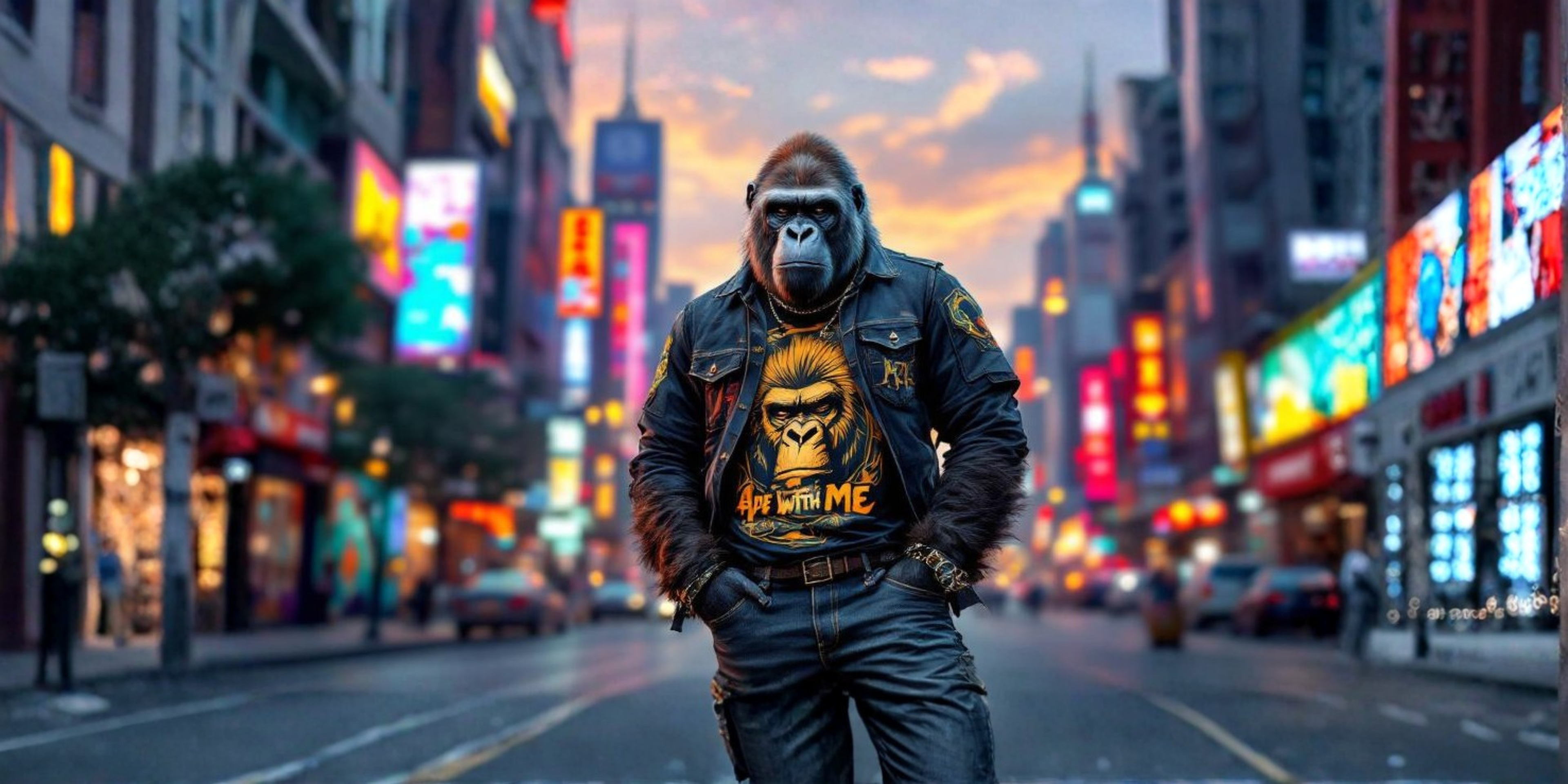 a gorilla wearing an Ape with Me t-shirt with a jacket on a city street at dusk.